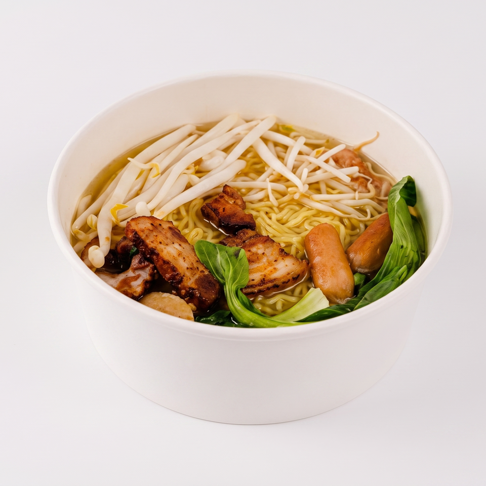 Noodle soup with roasted pork, sausages, bean sprouts, and bok choy in a white bowl.